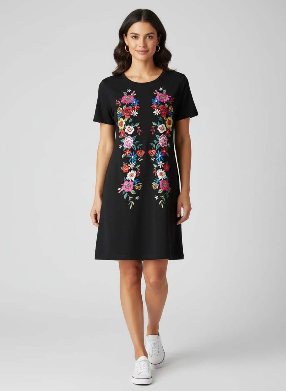 Umgee Black Floral Embroidered Short Sleeve T-Shirt Mini Dress with Pockets